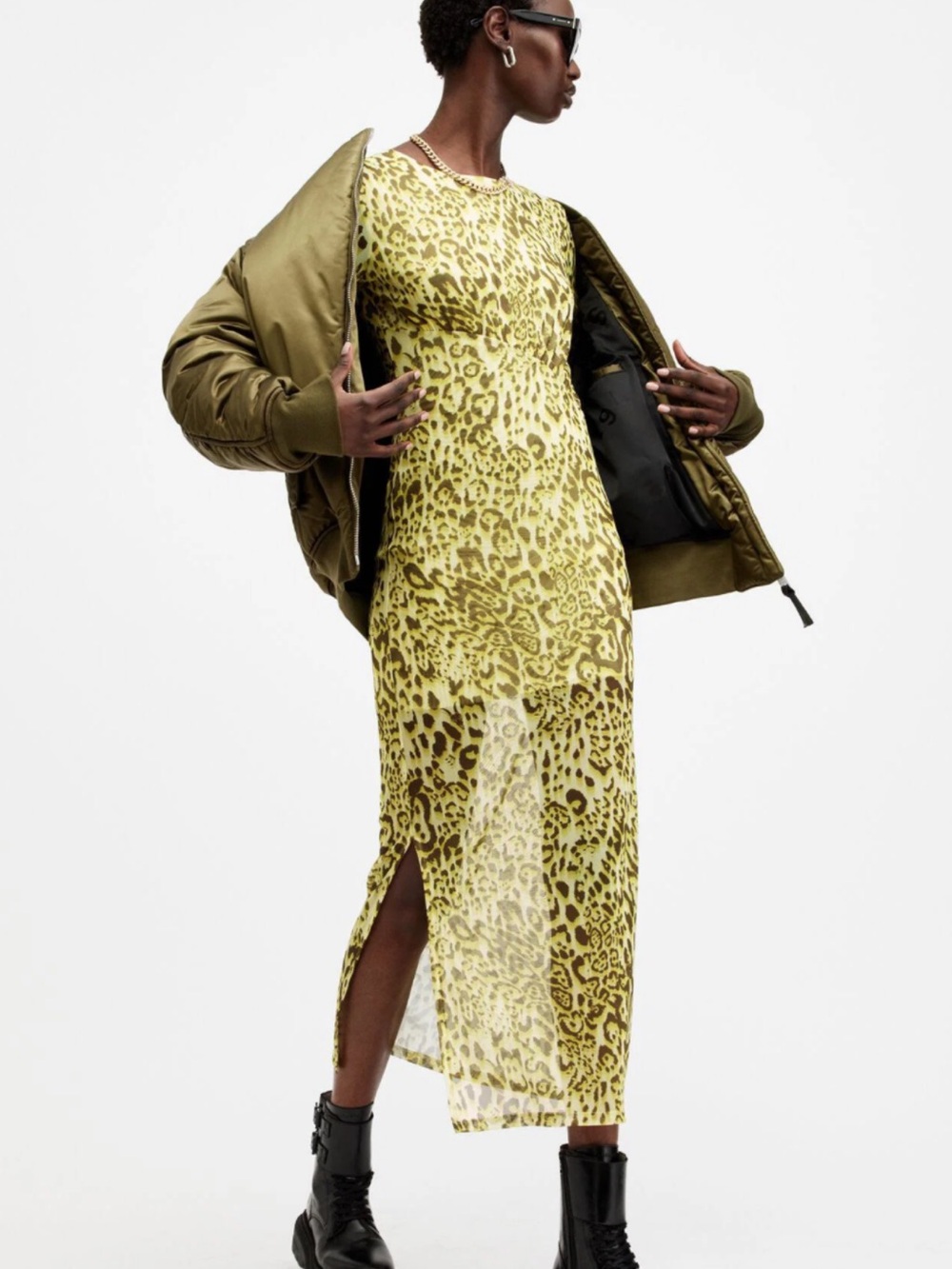 AllSaints EDANA Yellow Leopard-Print Mesh Maxi Dress